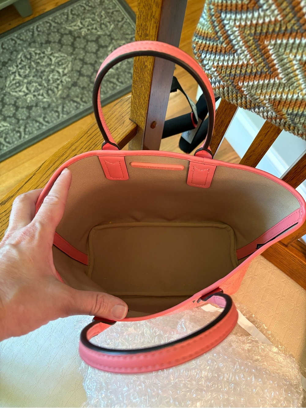 Michael Kors Coral Pink MK Logo Small Tote - Picture 3 of 4